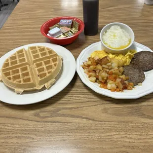 Sausage, Egg, &amp; Cheese, home fries. Added grits and Belgium waffle. Food pretty decent and level of comfortability good.