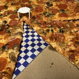 Large New York Pizza (pepperoni, sausage, mushroom) ordered for takeout -- side view of slices