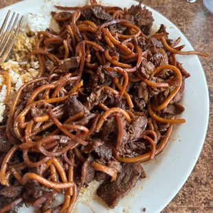 Burnt Chicken, Pork, Beef, Noodles, Carrots.