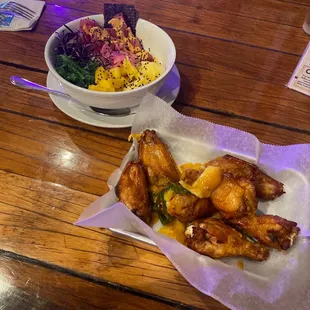 Mango-Habanero wings and Poke bowl