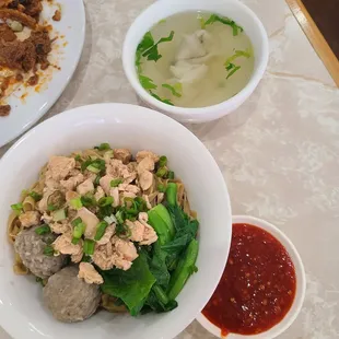 Noodles with salmon, beef meatballs, side soup with wontons