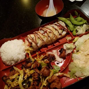 Lunch box special - spicy korean pork and tempura roll