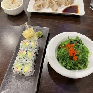 California roll, Seaweed Salad, Steamed Dumpling