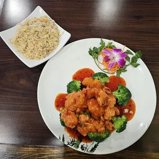 a plate of food and a bowl of rice