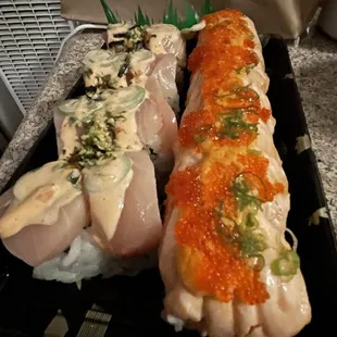 Double Hamachi Roll (left) and Pink Dragon Roll (right)
