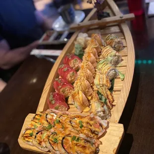 a long row of sushi