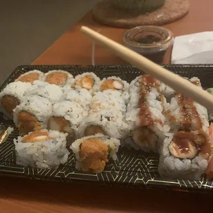 The maki roll tray, with the fish bone I saw. I only had a few pieces before I found it.