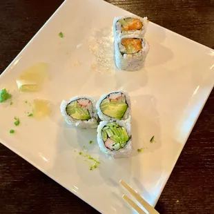a plate of sushi and chopsticks