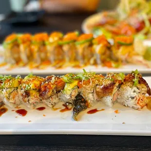 Super California Roll, Kiss of Fire Roll, and Wasabi Special Sashimi Salad