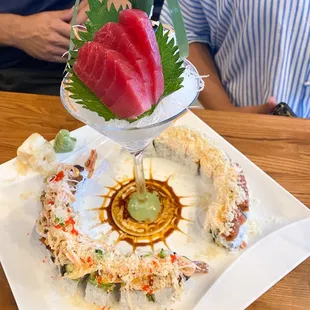 Wasabi special roll, magura sashimi and volcano roll