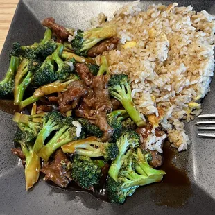 Beef and broccoli with fried rice