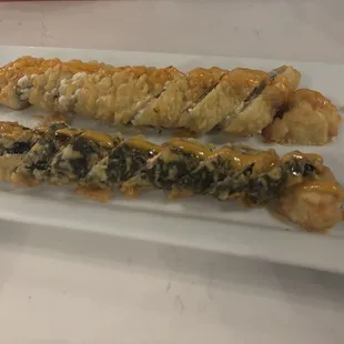 Crab Rangoon Roll (top) and salmon and cream cheese (bottom)