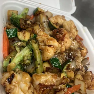 Lobster Hibachi Dinner. 2 (4-5oz) tails with fried rice and vegetables. MKT PRICE.