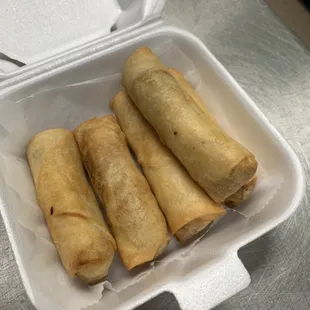 SPRINGROLLS. Everyone&apos;s favorite springrolls. Made in house, and comes in vegetable or chicken. 1 for $1.25 or 5 for $5