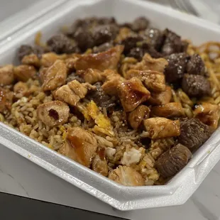 Chicken and Filet Hibachi, Half Noodle Half Fried Rice