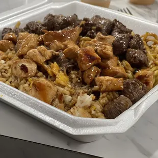 Chicken and Filet Hibachi, Half Noodle Half Fried Rice