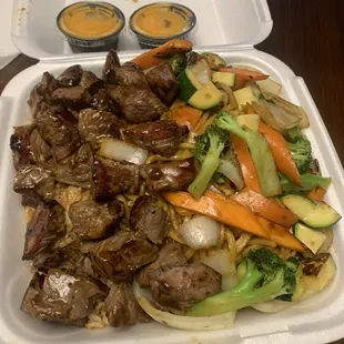 Steak Dinner with Fried Rice, Vegetables and an order of Noodles