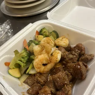 Steak, shrimp, vegetable