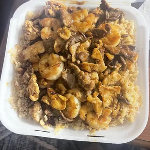 Beef jumbo shrimp and chicken with fried rice