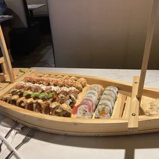 Assorted sushi in a boat platter