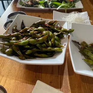 Spicy edamame, hurricane roll