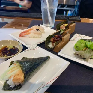 Spicy ahi tamaki, veggie tamaki, amae ebi, seared ahi, unagi