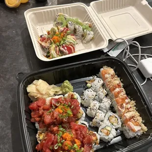 Top box- Abby/birthday roll and Green Monster Roll Bottom box- tuna avalanche, shrimp tempura, and Dragon Roll