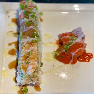 Peter K.P &quot;Fusion Roll&quot;~ Amazing, the fish is both flavorful &amp; fresh, paired well with their cream cheese!! Served with seared ahi tuna!