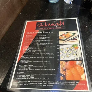 sushi and sashimi, menu