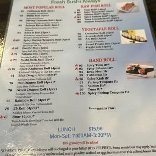 New menu for the all you can eat sushi