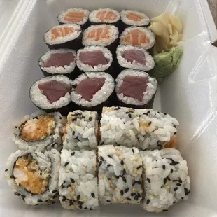 Top to bottom: salmon roll, tuna roll, crunchy Shrimp Roll $10.95 lunch special!!! Best deal! Very tasty. Comes with soup &amp; salad