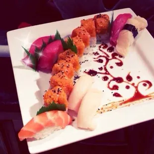 Tuna and salmon and white tuna and conch and spicy girl roll