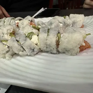 This is the mushy rice with the sloppy sushi.