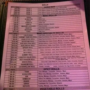Sushi menu