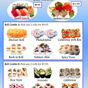 menu, sushi and sashimi
