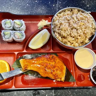 Salmon bento box , sub fried rice