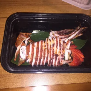 Grilled squid app to go, bone dry and tough with none of the regular sauces, and not warm all the way through. Disappointed.