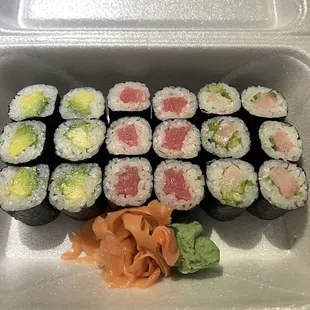 Avocado Roll, Tuna Roll, Yellowtail with Scallion Roll