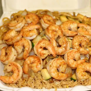 Double shrimp hibachi with Lo Mein Noodle and Fried Rice.
