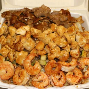 Trio(Chicken, Steak, Shrimp) Hibachi meal.