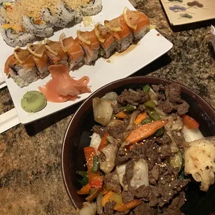 Bulgogi and crazy salmon roll and sunset roll