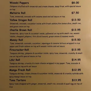 Wasabi special menu