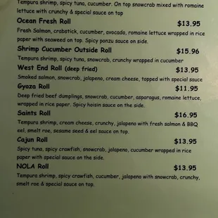 Special roll menu