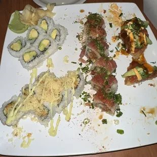 Avocado roll, crunch roll, Diablo roll, and crispy tuna(LOVE)