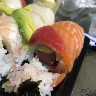 Rainbow roll made gluten free with tuna inside