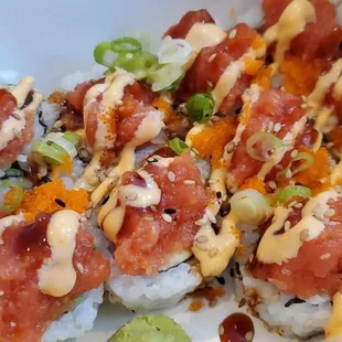 a close up of sushi