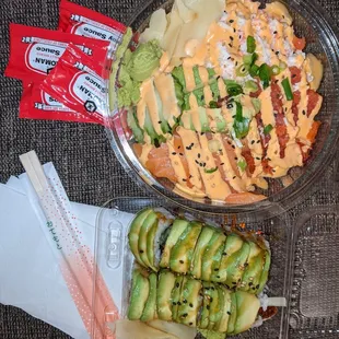 Eel avocado cucumber roll and ocean bowl