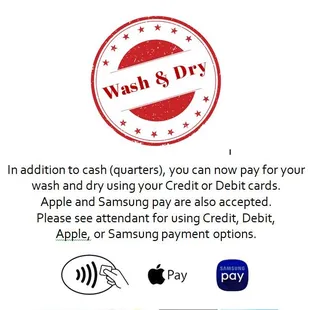 Payment options: Cash, Credit, Debit, Apple or Samsung Pay.
