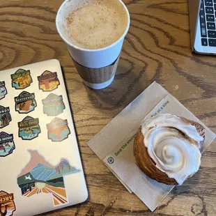 Spiced hazelnut latte + cinnamon roll