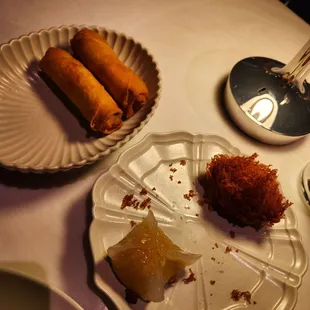 Vegetable Spring Rolls (came with 4), Squash Pine Nut Dumplings (came with 3) &amp; Taro Croquette (came with 3)